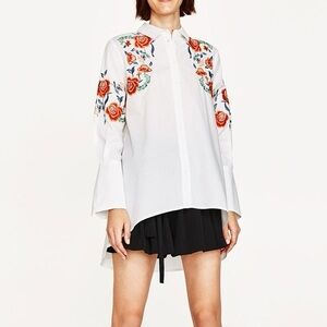 Zara White Blouse with Red Floral Embroidery